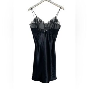 Vintage 90s Victorias Secret Satin Black Lace Slip Lingerie Size Medium Negligee